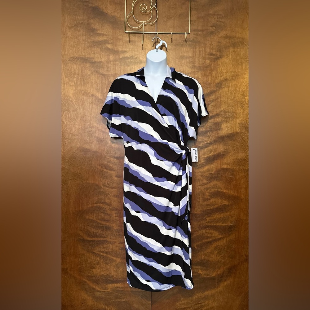 Nine West Short Dolman Sleeve Fall Midi Wrap Dress Womens Plus 2X Wave Print